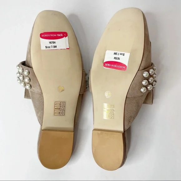 NWOB Jeffrey Campbell Ravis Pearl Studded Embellished Fringe Taupe Suede Mules - Picture 9 of 10